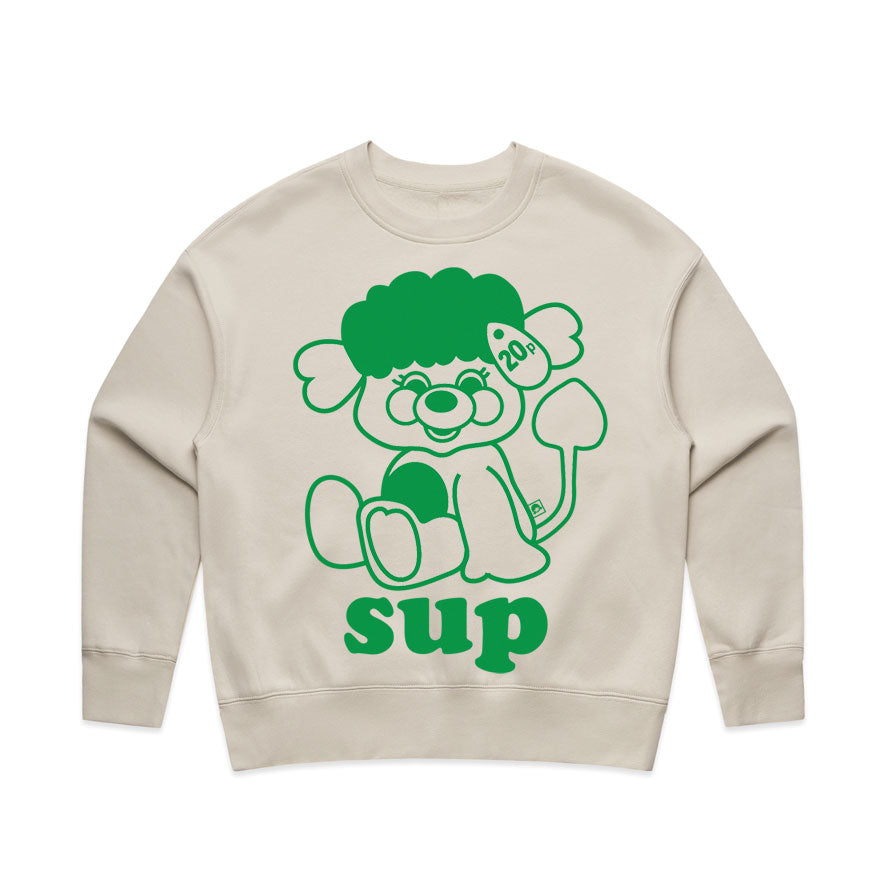 80's vintage style womens sweater screen printed with a green Popples Sup graphic