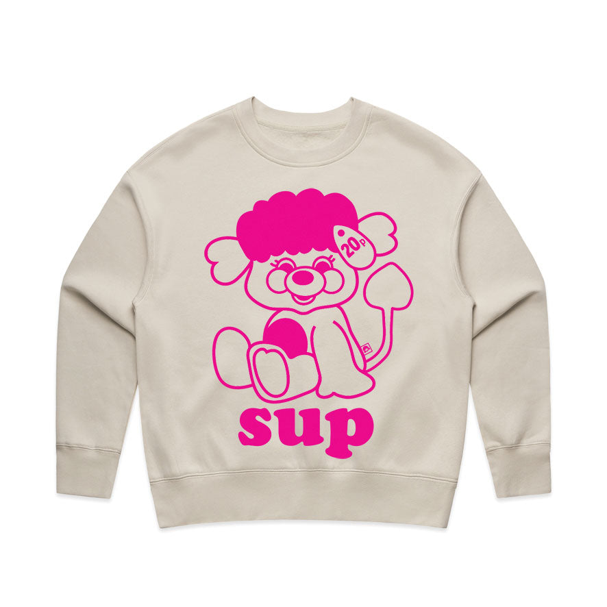 cream sweater neon pink popples illustration with sup slogan